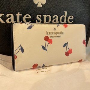 Kate Spade Staci Dancing Cherries Print Large Slim Bifold Wallet Cream Multi